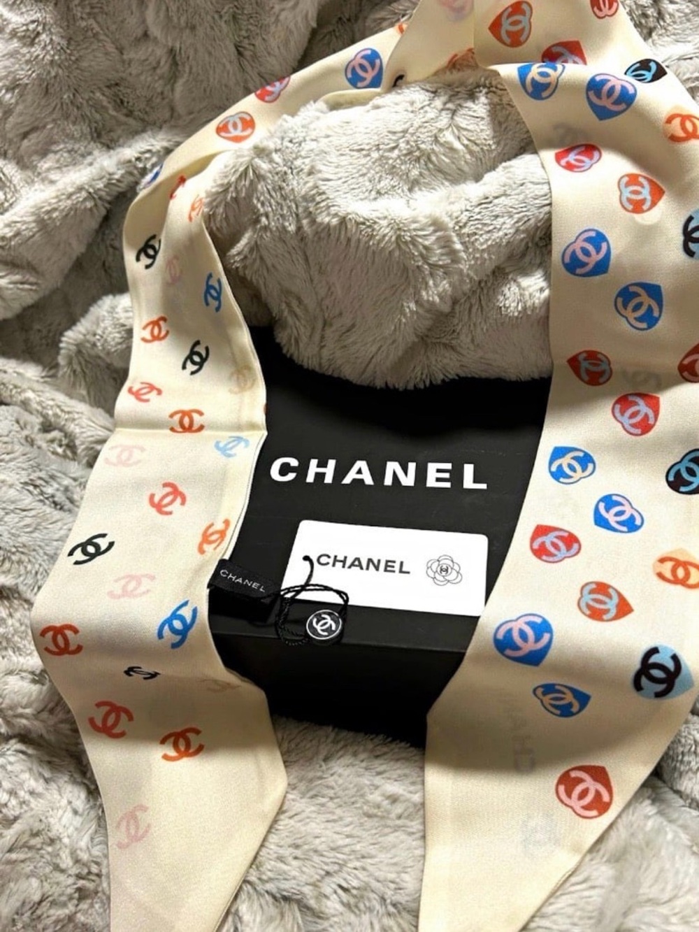 Chanel white multicolored with hearts, Twilly 100% silk scarf, simply gorgeous
